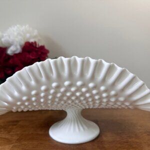 Fenton Hobnail‎ Milk Glass Banana Bowl Vintage Pedestal Fruit Centerpiece